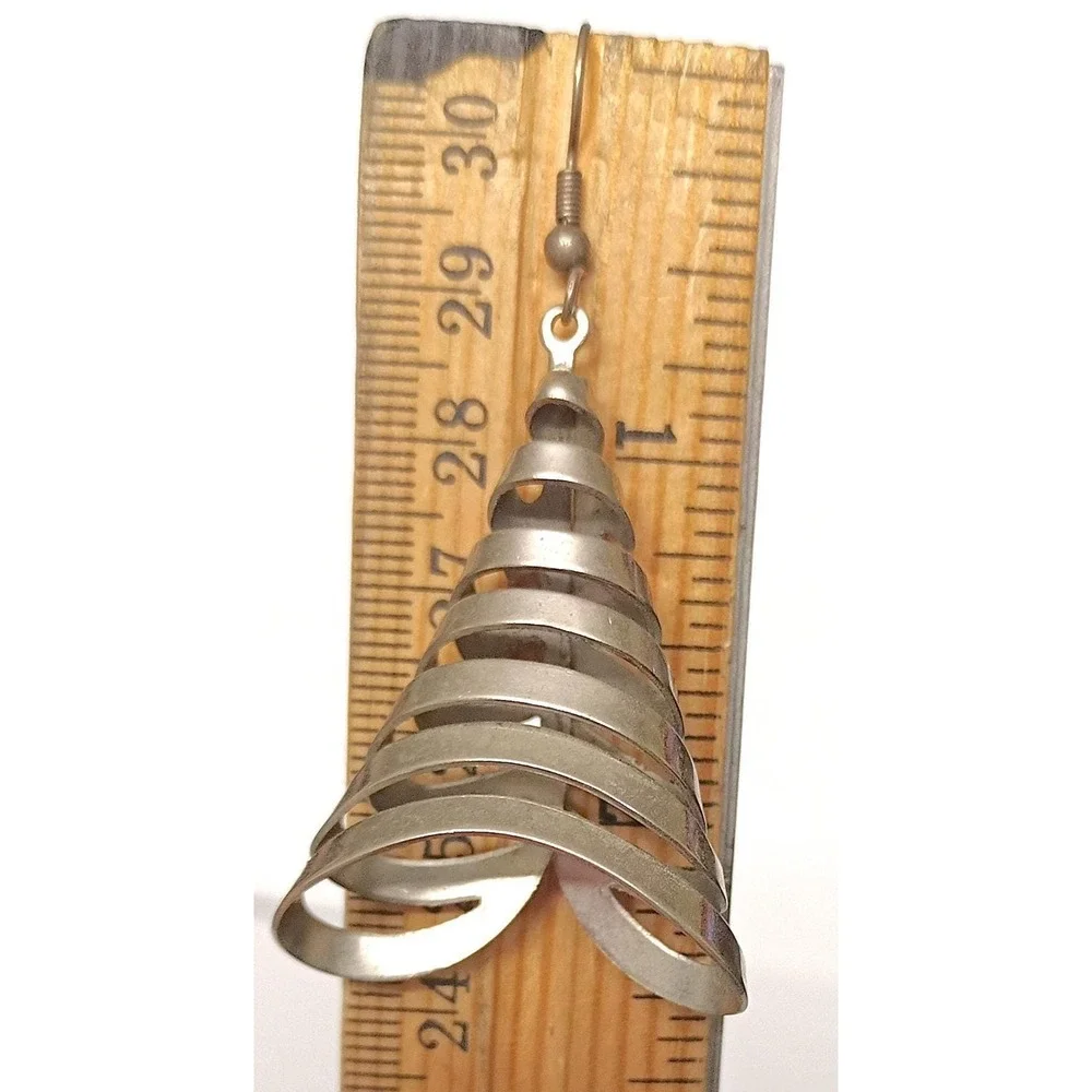 Sculptural Spiral Metal Earrings Vintage Silvertone Tree Like Dangle